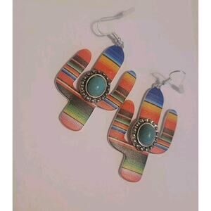 Earrings‎ Serape Cactus Turquoise Stone Fishhook Western Boho Fashion Jewelry